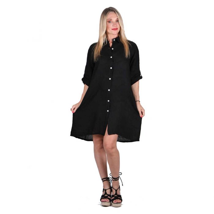 Platinum Πουκαμίσα - Φόρεμα Μαύρη Γυναικεία Μακριά Λινή Με Κουμπιά All Day Free Size - LN-107-BK - Image 4