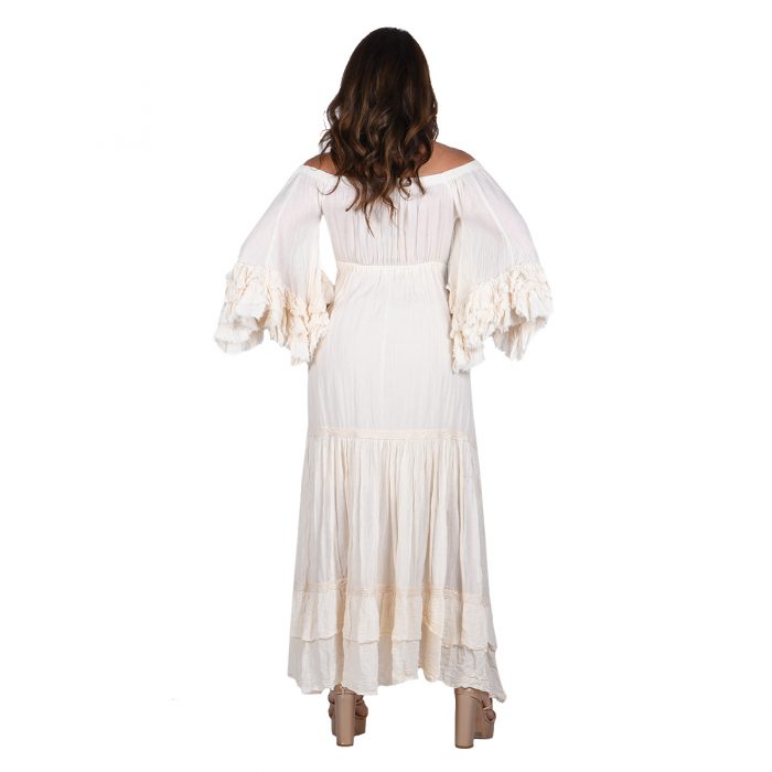 Platinum Φόρεμα Εκρού Γυναικείο Maxi Μεσάτο Vintage Ρομαντικό Με Μανίκι Βολάν Free Size - SAR-62206-EK - Image 4
