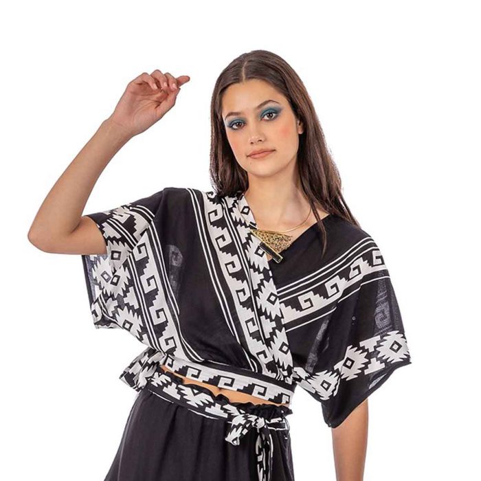 Platinum Μπλούζα Μαύρη Γυναικεία Με Αρχαιοελληνικά Σχέδια Κρουαζέ Free Size - NA-12392-B
