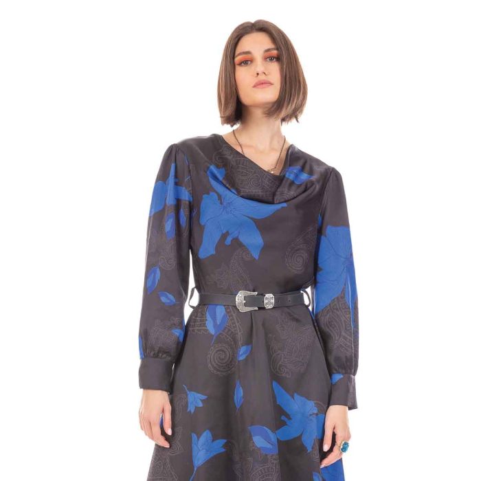 Platinum Φόρεμα Μαύρο Με Μπλε Φύλλα Γυναικείο Midi Μεσάτο All Day - IT-57-GU-B - Image 5