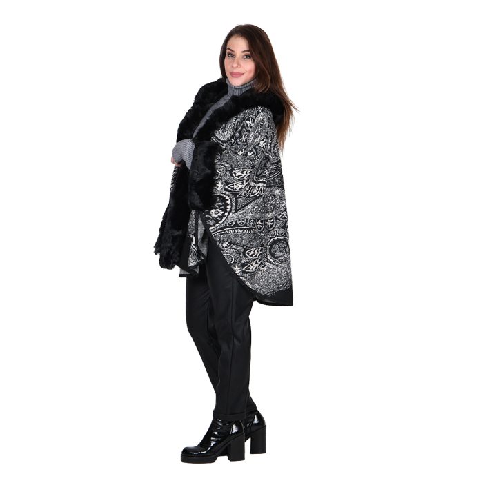 Fairyland Κάπα Μαύρη Με Σχέδια Γυναικεία Οικολογική Γούνα & Κουκούλα All Day Free Size - FM-9715 - Image 3