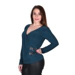 Gomore Μπλούζα Πράσινη Γυναικεία Kρουαζέ Μακρυμάνικη Με Δερμάτινο Σχέδιo Free Size - GM-22281-GR - Image 2