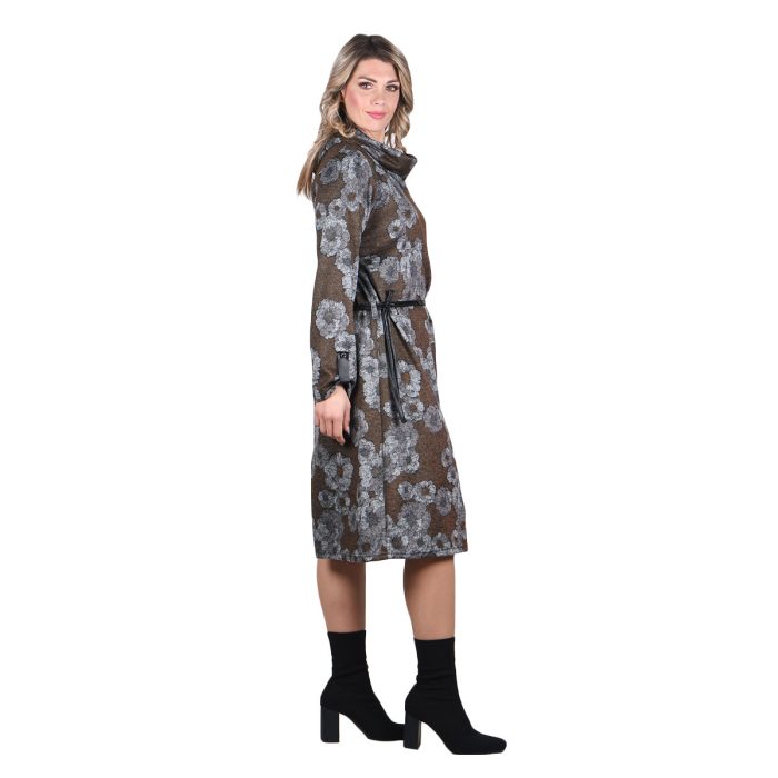 Gomore Φόρεμα Σοκολά Με Γκρι Λουλούδια Γυναικείο Μidi Ίσια Γραμμή All Day - GM-34739 - Image 3