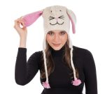 Platinum Σκούφος Λευκός - Ροζ Με Κοτσίδες Πλεκτός - Fleece ''Κουνέλι''- ANIMAL HATS