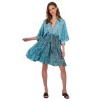 Platinum Φόρεμα Πετρόλ Με Σχέδια Γυναικείο Boho Κοντό Με Λαχούρια All Day Free Size - BAN-423110