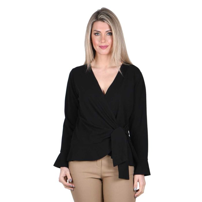Gomore Μπλούζα Μαύρη Γυναικεία Kρουαζέ Μακρυμάνικη Με Βολάν Σχέδιo Free Size - GM-22281-B - Image 4