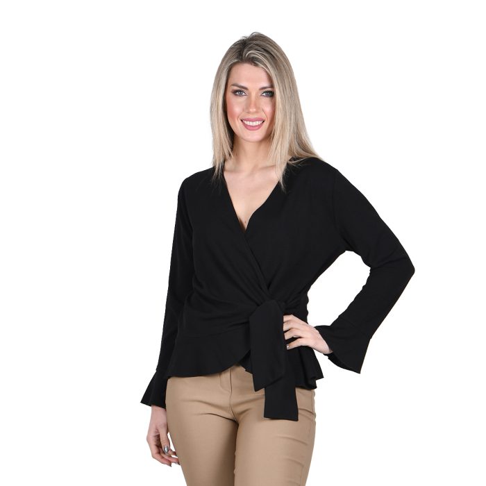 Gomore Μπλούζα Μαύρη Γυναικεία Kρουαζέ Μακρυμάνικη Με Βολάν Σχέδιo Free Size - GM-22281-B