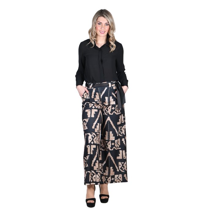 Platinum Παντελόνι Μαύρο Με Κρεμ Γεωμετρικά Σχέδια Γυναικείο Με Ζώνη All Day - IT-3967-BZ - Image 3