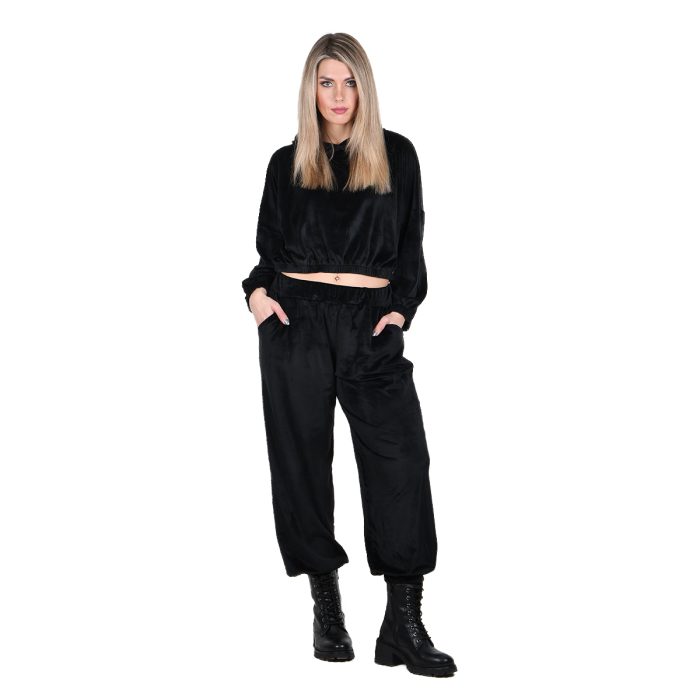 Platinum Μαύρο Σετ Παντελόνι - Φόρμα Με Μπλούζα Κουκούλα Γυναικείο Βελούδο Casual - IT-2186-B