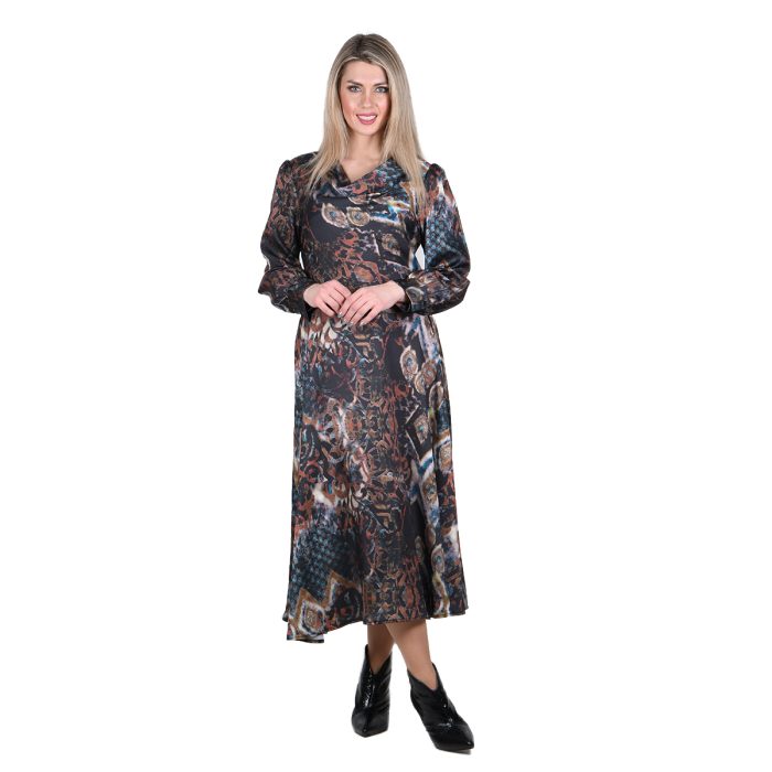 Platinum Φόρεμα Μαύρο Γυναικείο Με Γήινα Εμπριμέ Μακρύ Μεσάτο All Day - IT-56-GU-BC