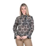 Platinum Γυναικεία Μπλούζα Μπεζ Με Μαύρο Εμπριμέ Φιόγκο Μακρυμάνικη Κλασική - IT-6068