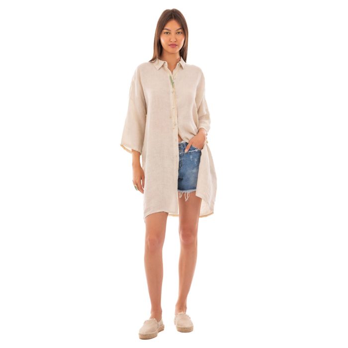 Platinum Πουκαμίσα Μπεζ Γυναικεία Μακριά Λινή Με Κουμπιά All Day Free Size - IT-107-BZ