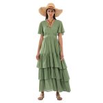 Platinum Φόρεμα Πράσινο Γυναικείο Κοντομάνικο Μaxi Vintage Ρομαντικό Με Βολάν All Day Free Size - 62306-GR