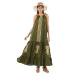 Platinum Φόρεμα Λαδί Γυναικείο Μακρύ Παρτούς Ώμους Με Χρυσά Κεντητά Αρχαιοελληνικά Σχέδια All Day Free Size -124134