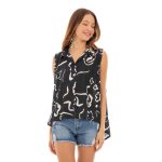Platinum Πουκάμισο Μαύρο Γυναικείο Με Λευκά Σχέδια Αμάνικο Ασύμμετρο Casual All Day - 22401