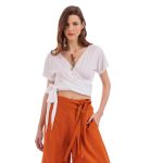 Platinum Μπλούζα Λευκή Γυναικεία Kρουαζέ Κοντομάνικη Casual All Day Free Size - 22437-W