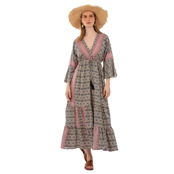 Platinum Φόρεμα Μαύρο - Μπεζ Με Boho Σχέδια Γυναικείο Μακρύ Βαμβακερό Flair Free Size - 424142