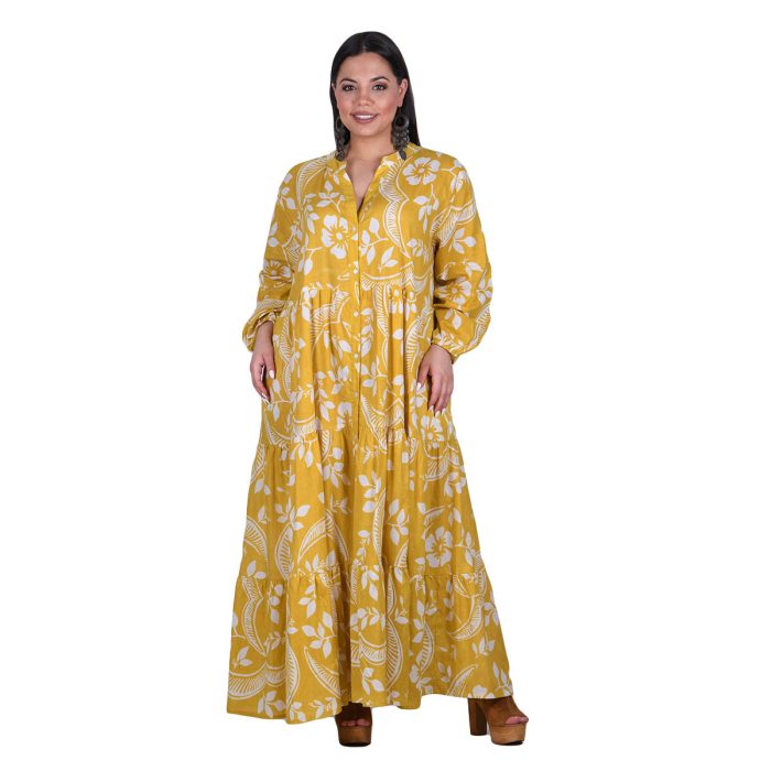 Platinum Φόρεμα Μουσταρδί Με Λευκά Floral Γυναικείο Κοντομάνικο Με Κουμπιά Μακρύ All Day Free Size - 42422-FS