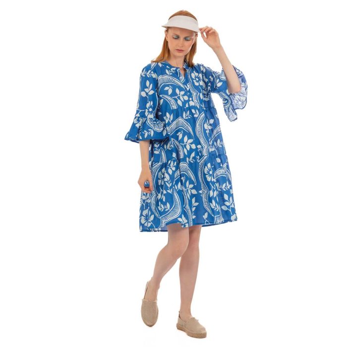 Platinum Καφτάνι - Φόρεμα Μπλε Ρουά Λευκό Εμπριμέ Γυναικείο Εβαζέ Κοντό Με Τρουακάρ - 42426