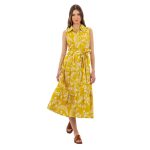 Platinum Φόρεμα Μουσταρδί Με Λευκά Floral Γυναικείο Σεμιζιέ Αμάνικο Με Κουμπιά Klos Μακρύ All Day Free Size - 42427