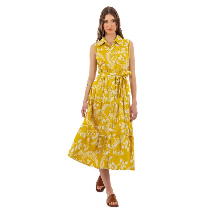 Platinum Φόρεμα Μουσταρδί Με Λευκά Floral Γυναικείο Σεμιζιέ Αμάνικο Με Κουμπιά Klos Μακρύ All Day Free Size - 42427