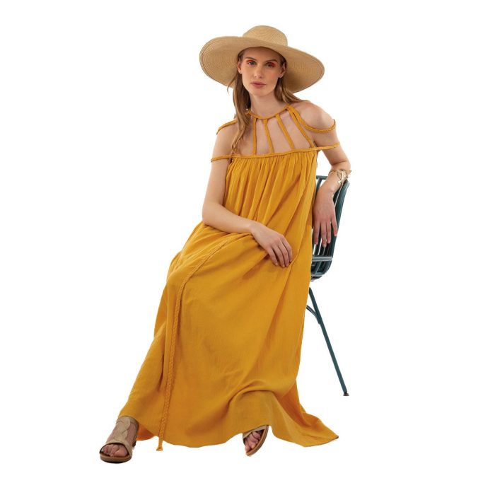 Platinum Φόρεμα Ώχρα Γυναικείο Vintage Ρομαντικό Μακρύ Χυτό Με Σχέδιο Στο Μπούστο Free Size - 62403 - Image 4