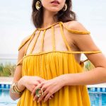 Platinum Φόρεμα Ώχρα Γυναικείο Vintage Ρομαντικό Μακρύ Χυτό Με Σχέδιο Στο Μπούστο Free Size - 62403 - Image 3