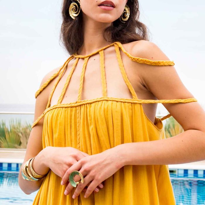 Platinum Φόρεμα Ώχρα Γυναικείο Vintage Ρομαντικό Μακρύ Χυτό Με Σχέδιο Στο Μπούστο Free Size - 62403 - Image 3