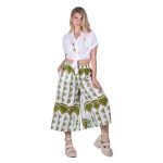 Platinum Παντελόνα Λαδί – Λευκό Με Boho Σχέδια Γυναικείο Λινό Με Βαμβάκι Αέρινη Free Size - 82407