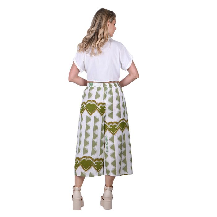 Platinum Παντελόνα Λαδί – Λευκό Με Boho Σχέδια Γυναικείο Λινό Με Βαμβάκι Αέρινη Free Size - 82407 - Image 4