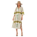 Platinum Φόρεμα Λαδί - Λευκό Με Boho Σχέδια Γυναικείο Midi Τρουακάρ Μακρύ Λινό Με Βαμβάκι - 82409