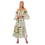 Platinum Φόρεμα Λαδί Με Λευκά Σχέδια Γυναικείο Μακρύ Λινό Άλφα Γραμμή ''Μανίκια Flair''- 82410