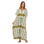 Platinum Φόρεμα - Καφτάνι Λαδί Με Λευκό Σχέδια Γυναικείο Μακρύ Λινό Με Βαμβάκι All Day Free Size - 82411