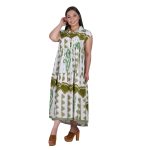 Platinum Φόρεμα Λαδί - Λευκό Με Σχέδια Boho Γυναικείο Σεμιζιέ Αμάνικο Μακρύ Λινό Με Βαμβάκι All Day - KR-82413