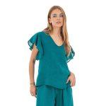 Platinum Μπλούζα Πετρόλ Γυναικεία Λινή Κοντομάνικη Με Μανίκια Βολάν All Day Free Size - LN-112