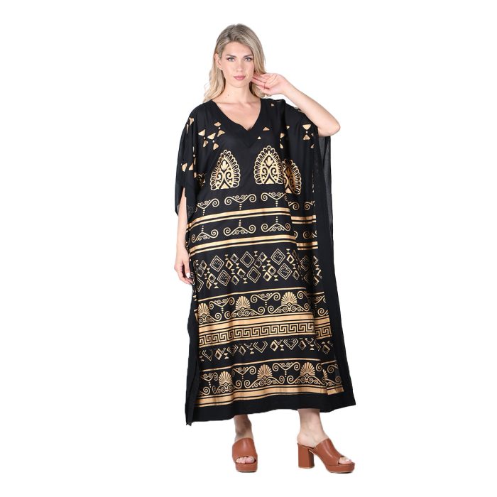 Platinum Καφτάνι Μαύρο Με Χρυσό Γυναικείο Αρχαιοελληνικό Αέρινο Κοντομάνικο Free Size -12382-BC