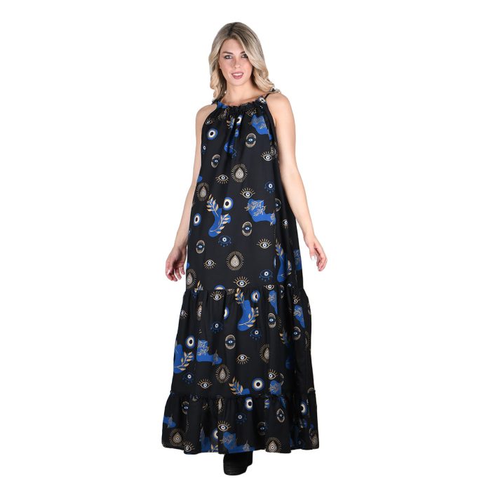 Platinum Φόρεμα Μαύρο Γυναικείο Μακρύ Με Παρτούς Ώμους Και Αρχαιοελληνικά Σχέδια Free Size -124124-BC - Image 3