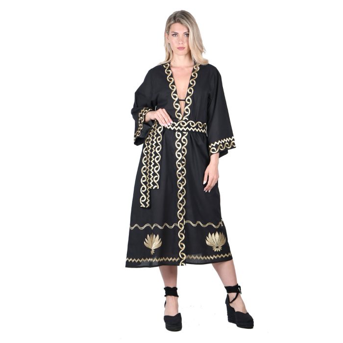 Platinum Κιμονό Μαύρο Γυναικείο Με Κεντητά Χρυσά Αρχαιοελληνικά Σχέδια All Day Free Size - 124131-BC - Image 5