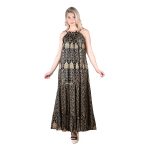 Platinum Φόρεμα Μαύρο Γυναικείο Μακρύ Με Παρτούς Ώμους Με Χρυσά Αρχαιοελληνικά Σχέδια All Day Free Size -12469 - Image 2