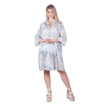 Platinum Καφτάνι - Φόρεμα Γαλάζιο Με Εμπριμέ Γυναικείο Εβαζέ Κοντό Με Τρουακάρ Free Size - 32319-FM