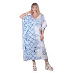 Platinum Καφτάνι - Φόρεμα Γαλάζιο Με Λευκό Γυναικείο Μακρύ Με Ντεκολτέ & Εμπριμέ All Day Free Size - 42310-DM