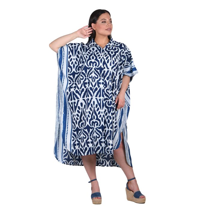 Platinum Καφτάνι - Φόρεμα Μπλε Animal Print Γυναικείο Midi Με Γιακά Και Κουμπιά All Day Free Size - 42328-B