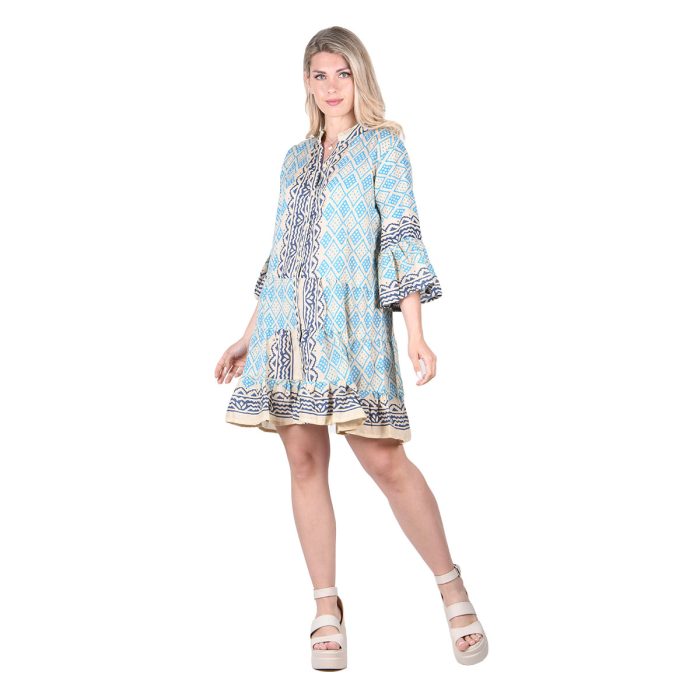 Platinum Φόρεμα - Καφτάνι Εκρού Με Γαλάζιο Γυναικείο Κοντό Με Κουμπιά Girly Free Size - 424162 - Image 3