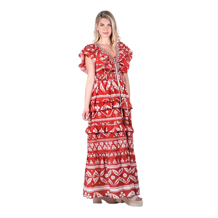 Platinum Φόρεμα Κεραμιδί Με Λευκά Boho Σχέδια Γυναικείο Μακρύ Αμάνικο Klos Με Βολάν All Day Free Size - 92412-TR - Image 3