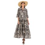 Platinum Φόρεμα Ασπρόμαυρο Γυναικείο Boho Μακρύ Τρουακαρ Με Κουμπιά All Day Free Size - RI-92419