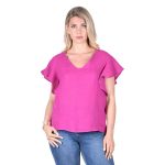 Platinum Μπλούζα Ματζέντα Γυναικεία Λινή Κοντομάνικη Με Μανίκια Βολάν All Day Free Size - LN-112-FO