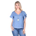 Platinum Μπλούζα Γαλάζια Γυναικεία Λινή Κοντομάνικη Με Μανίκια Βολάν All Day Free Size - LN-112-GA