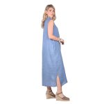 Platinum Φόρεμα Γαλάζιο Γυναικείο Μακρύ Λινό Αμάνικο Σε Άλφα Γραμμή Casual All Day Free Size - LN-114-GA - Image 2