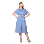 Platinum Φόρεμα Γαλάζιο Γυναικείο Σεμιζιέ Κοντομάνικο Midi Λινό Με Κουμπιά Και ζώνη All Day Free Size - LN-115-GL - Image 5