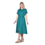 Platinum Φόρεμα Πετρολ Γυναικείο Σεμιζιέ Κοντομάνικο Midi Λινό Με Κουμπιά Και ζώνη All Day Free Size - LN-115-PR - Image 2